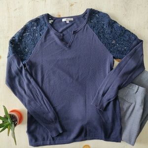 41 Hawthorn navy blue lace shoulder v-cut sweater